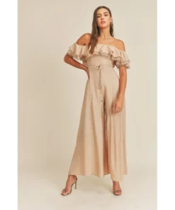 J+j Taupe Lace Off The Shoulder Ruffle Women's Jumper Rompers + Jumpers