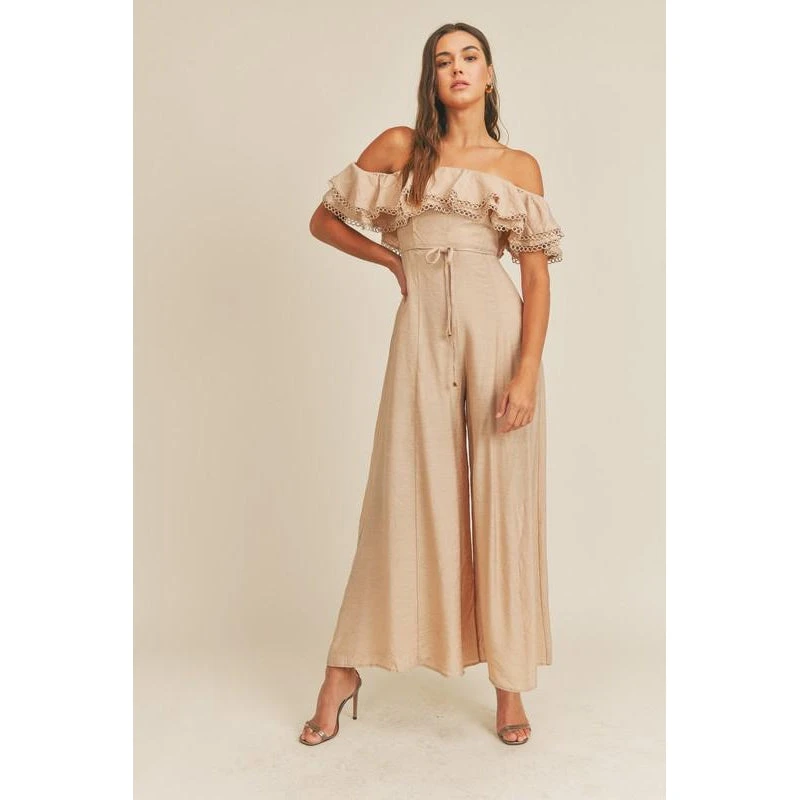J+j Taupe Lace Off The Shoulder Ruffle Women's Jumper Rompers + Jumpers 4 J+j Taupe Lace Off The Shoulder Ruffle Women's Jumper Rompers + Jumpers