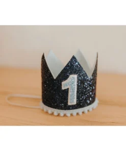 Cutest Little Party # 1 Navy Glitter + Baby Blue Pom Trim + White Glitter Crown