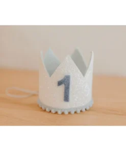 Cutest Little Party # 1 White Glitter + Baby Blue Pom Trim + Pool Felt Crown