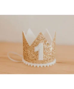 Cutest Little Party Party Time # 1 Gold Glitter + White Pom Trim + White Glitter Crown