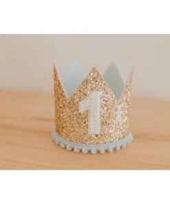 Cutest Little Party Party Time # 1 Gold Glitter + Baby Blue Pom Trim + White Glitter Crown