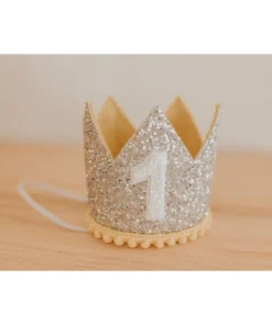 Cutest Little Party # 1 Silver Glitter + Mustard Pom Trim + White Glitter Crown