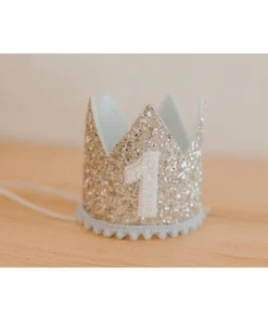 Cutest Little Party # 1 Silver Glitter + Baby Blue Pom Trim + White Glitter Crown Crowns