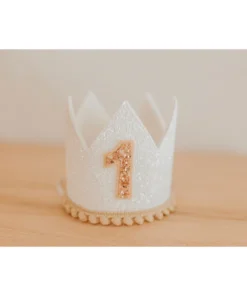 Cutest Little Party # 1 White Glitter + Toast Pom Trim/white Lining + Rose Gold/toast Felt Crown
