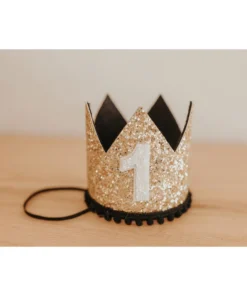 Cutest Little Party # 1 Gold Glitter + Black Pom Trim + White Glitter Crown