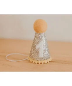 Cutest Little Party Party Time # 1 Silver Glitter + Mustard Pom Trim + White Glitter Party Hat