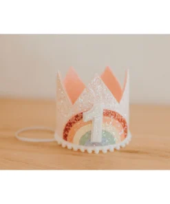 Cutest Little Party Party Time # 1 Baby Pink Glitter + Pastel Rainbow + White Glitter Crown