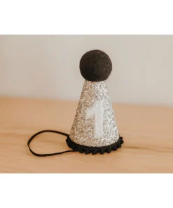 Cutest Little Party # 1 Silver Glitter + Black Pom Trim + White Glitter Party Hat Party Time