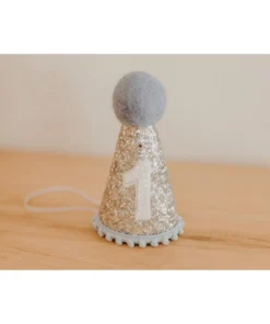 Cutest Little Party # 1 Silver Glitter + Baby Blue Pom Trim + White Glitter Party Hat