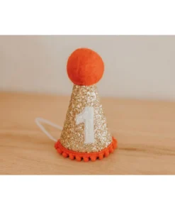 Cutest Little Party # 1 Gold Glitter + Red Pom Trim + White Glitter Party Hat Party Time