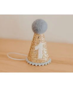 Cutest Little Party Party Hats # 1 Gold Glitter + Baby Blue Pom Trim + White Glitter Party Hat