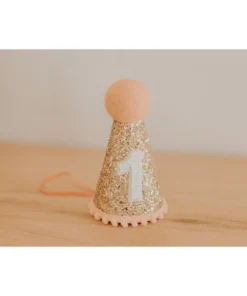 Cutest Little Party # 1 Gold Glitter + Blush Pom Trim + White Glitter Party Hat Party Time