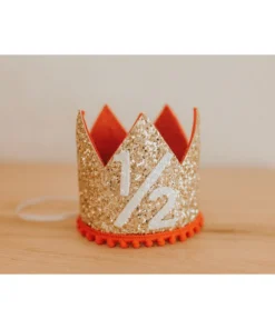 Cutest Little Party Party Time # 1/2 Gold Glitter + Red Pom Trim + White Glitter Crown
