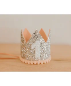 Cutest Little Party Party Time # 1 Silver Glitter + Blush Pom Trim + White Glitter Crown