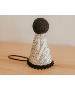 Cutest Little Party Party Time # 1/2 Silver Glitter + Black Pom Trim + White Glitter Party Hat