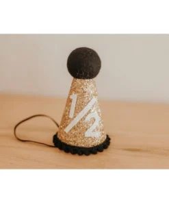 Cutest Little Party # 1/2 Gold Glitter + Black Pom Trim + White Glitter Party Hat