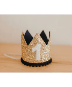 Cutest Little Party # 1 Gold Glitter + Navy Pom Trim + White Glitter Crown