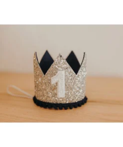 Cutest Little Party # 1 Silver Glitter + Navy Pom Trim + White Glitter Crown