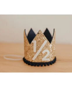 Cutest Little Party # 1/2 Gold Glitter + Navy Pom Trim + White Glitter Crown