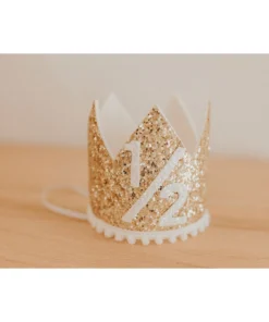 Cutest Little Party Party Time # 1/2 Gold Glitter + White Pom Trim + White Glitter Crown