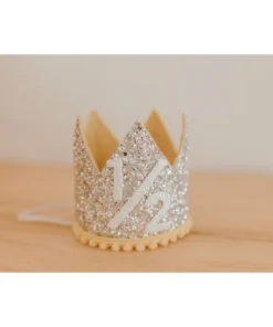Cutest Little Party # 1/2 Silver Glitter + Mustard Pom Trim + White Glitter Crown Party Time
