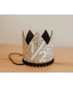 Cutest Little Party # 1/2 Silver Glitter + Black Pom Trim + White Glitter Crown Party Time