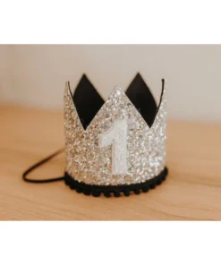 Cutest Little Party # 1 Silver Glitter + Black Pom Trim + White Glitter Crown