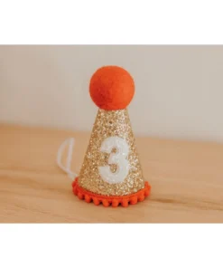 Cutest Little Party # 3 Gold Glitter + Red Pom Trim + White Glitter Party Hat Party Time