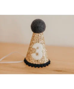 Cutest Little Party # 3 Gold Glitter + Navy Pom Trim + White Glitter Party Hat