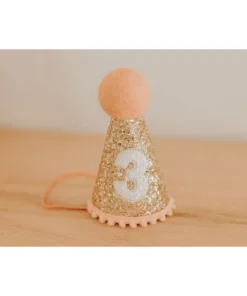 Cutest Little Party # 3 Gold Glitter + Blush Pom Trim + White Glitter Party Hat Party Time