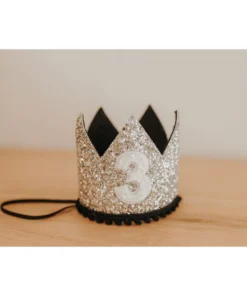 Cutest Little Party # 3 Silver Glitter + Black Pom Trim + White Glitter Crown Party Time