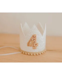 Cutest Little Party Party Time # 4 White Glitter + Toast Pom Trim/white Lining + Rose Gold/toast Felt Crown