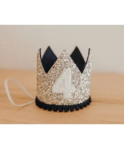 Cutest Little Party # 4 Silver Glitter + Navy Pom Trim + White Glitter Crown Party Time