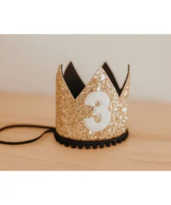 Cutest Little Party # 3 Gold Glitter + Black Pom Trim + White Glitter Crown