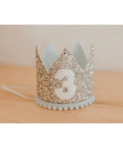 Cutest Little Party # 3 Silver Glitter + Baby Blue Pom Trim + White Glitter Crown Party Time