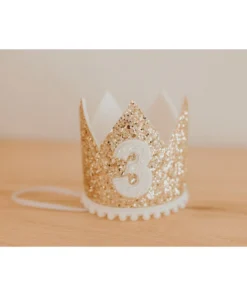 Cutest Little Party # 3 Gold Glitter + White Pom Trim + White Glitter Crown