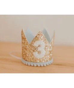 Cutest Little Party # 3 Gold Glitter + Baby Blue Pom Trim + White Glitter Crown