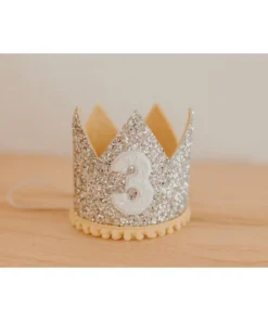 Cutest Little Party # 3 Silver Glitter + Mustard Pom Trim + White Glitter Crown Crowns