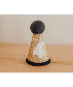Cutest Little Party # 4 Gold Glitter + Navy Pom Trim + White Glitter Party Hat Party Time