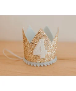 Cutest Little Party # 4 Gold Glitter + Baby Blue Pom Trim + White Glitter Crown