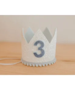 Cutest Little Party # 3 White Glitter + Baby Blue Pom Trim + Pool Felt Crown Party Time
