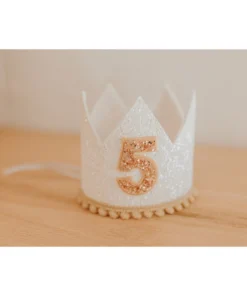 Cutest Little Party Party Time # 5 White Glitter + Toast Pom Trim/white Lining + Rose Gold/toast Felt Crown