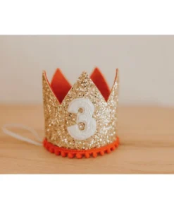 Cutest Little Party # 3 Gold Glitter + Red Pom Trim + White Glitter Crown Party Time