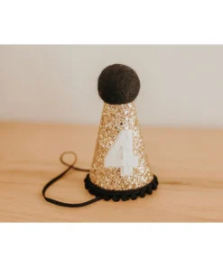 Cutest Little Party # 4 Gold Glitter + Black Pom Trim + White Glitter Party Hat