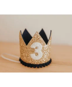 Cutest Little Party # 3 Gold Glitter + Navy Pom Trim + White Glitter Crown