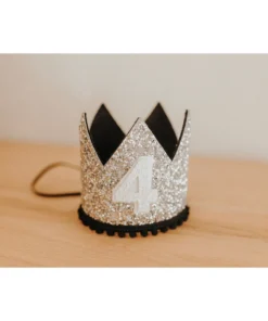 Cutest Little Party # 4 Silver Glitter + Black Pom Trim + White Glitter Crown Party Time