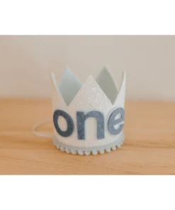 Cutest Little Party Crowns | One | White Glitter + Baby Blue Pom Trim + Pool Felt Crown