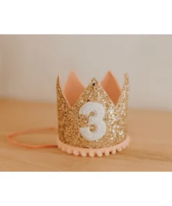 Cutest Little Party Party Time # 3 Gold Glitter + Blush Pom Trim + White Glitter Crown