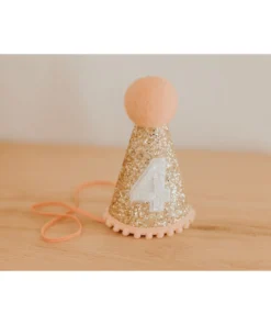 Cutest Little Party # 4 Gold Glitter + Blush Pom Trim + White Glitter Party Hat
